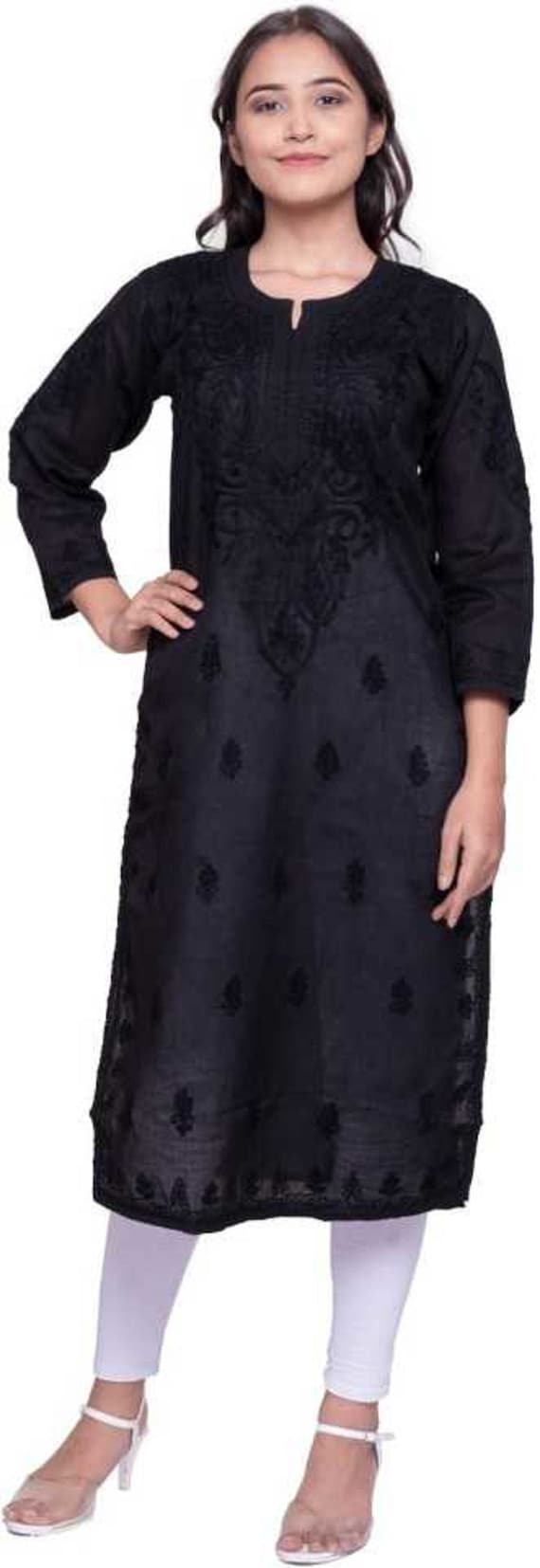 Black Rayon Cotton Chikankari Kurta With Pant - PinkSaree