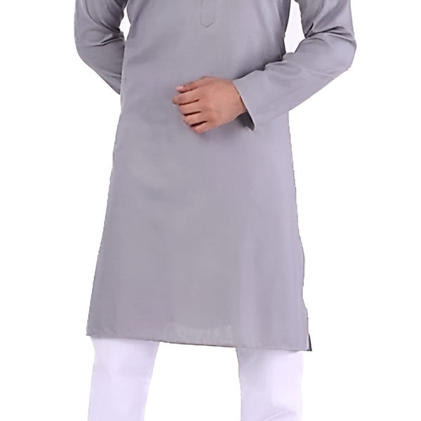 Gray Color Kurta White Pajama Suit, Indian Summer Festive Attire Men, Grey Men's Ethnic Cotton Outfit, Wedding Party Wear Men's Kurta Pajama