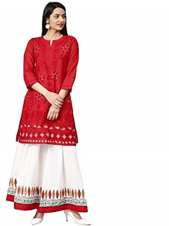 Lucknow Chikankari Cotton Kurti With Sharara for Women, Straight Women  Shirt Dress and Sharara Set, Red Kurta With White Palazzo Pant -  Canada