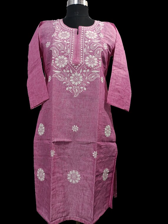Pink Kurti for Women Cotton Straight Kurta Readymade Chikankari
