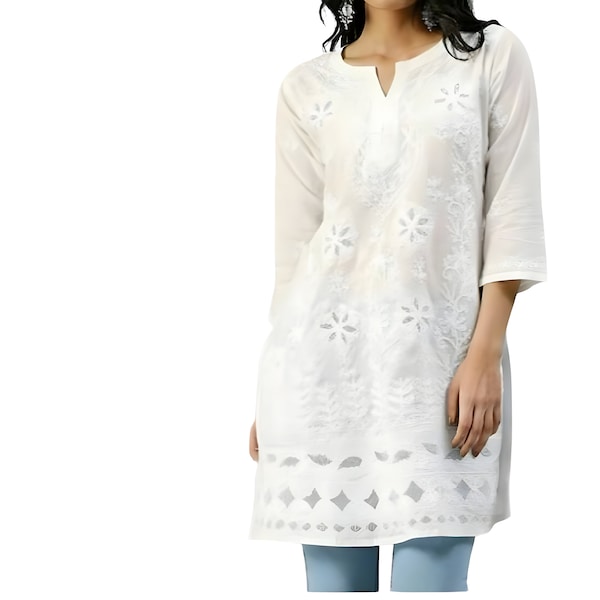 Chikankari Kurta blanc pour femmes, déguisement d’été indien Readymade, chemise longue de travail en filet pour dames, broderie droite en coton pour femmes Kurti