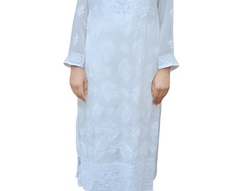 White Color Georgette Dress for Women, Lucknowi Embroidered Dress with Free Matching lining slip, Chikankari Dress for Ladies and Girls