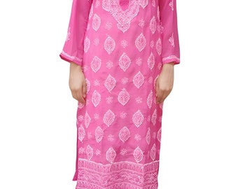 Embroidered Kurta with Matching lining slip, Chikankari Kurta for Ladies and Girls, Pink Color Georgette Kurta Women, Lucknowi Work Kurta