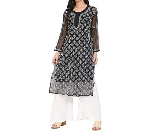 White Kurti Palazzo with Blue flowers – www.soosi.co.in