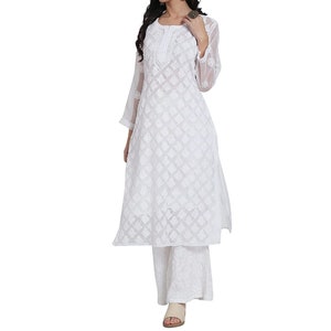 Lucknowi Faux Georgette Straight Kurta and Palazzo with Matching Slip Women, White Lucknowi Kurtis & Sharara Women, Chikan Embroidered Suit