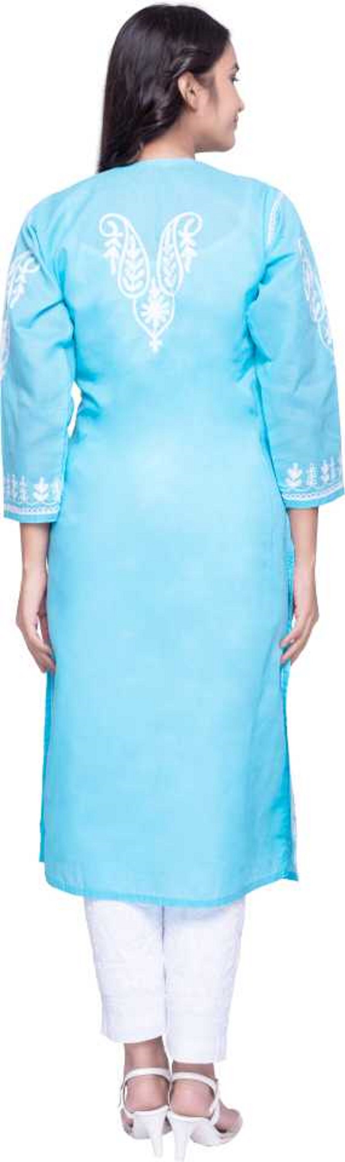 Light Sky Blue Color Chikan Kurta For Women Embroidered Etsy