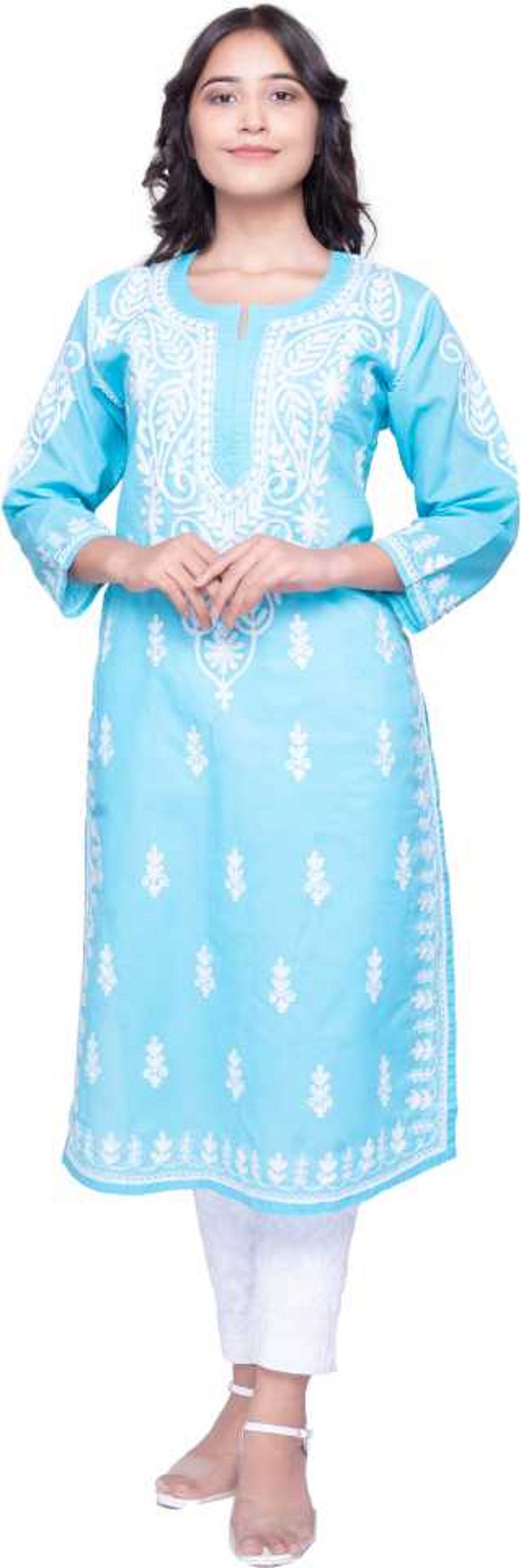 Light Sky Blue Color Chikan Kurta For Women Embroidered Etsy
