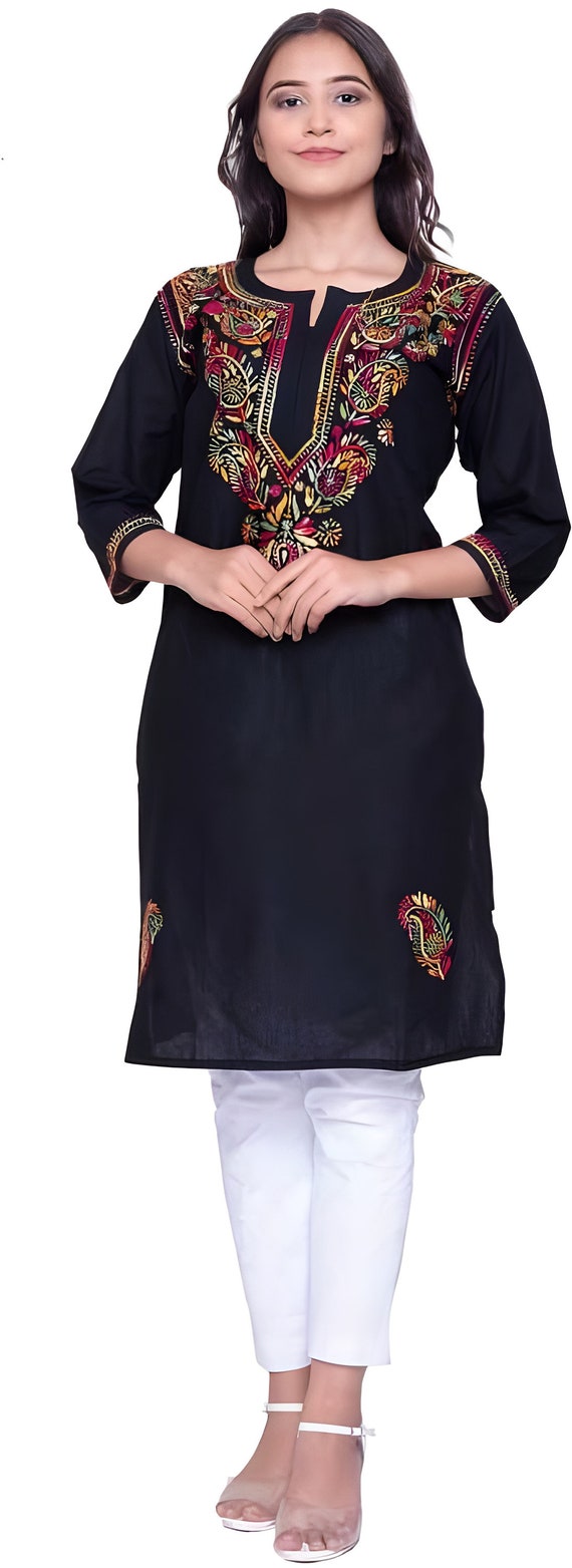 Embroidered Cotton Straight Kurti in Beige : TWJ3727