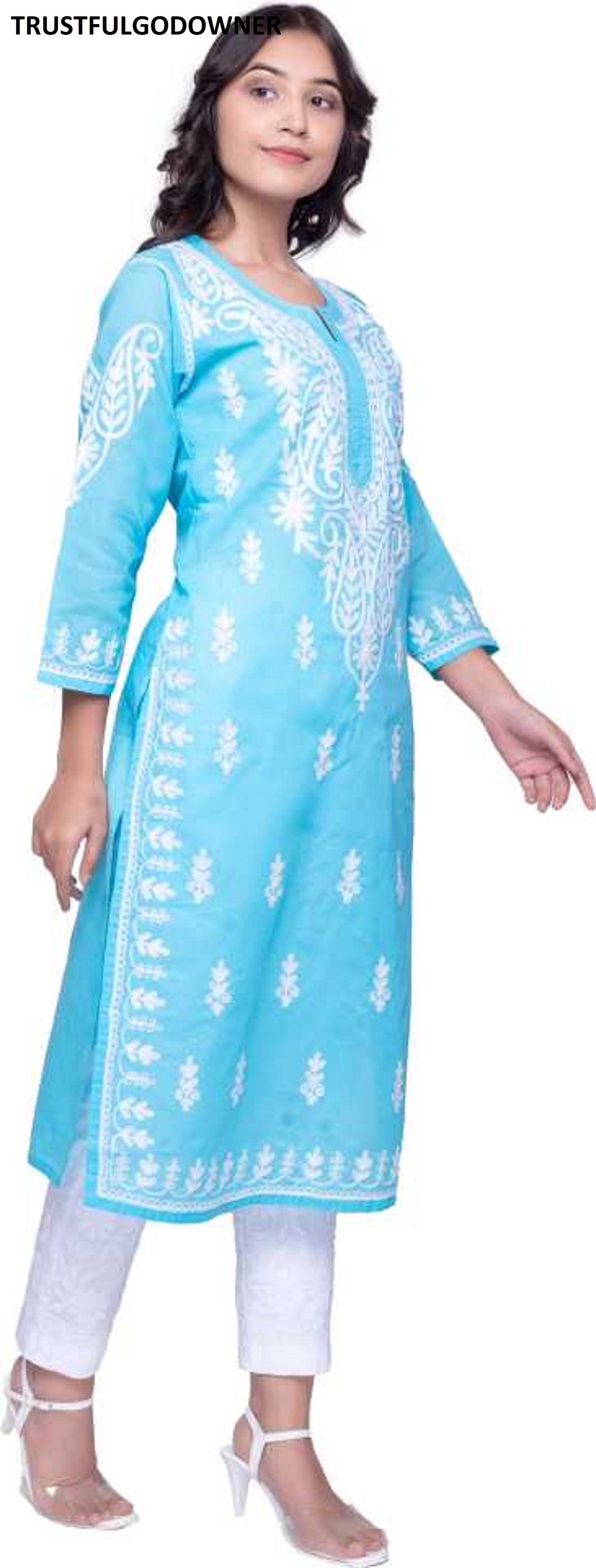 Light Sky Blue Color Chikan Kurta for Women Embroidered Etsy