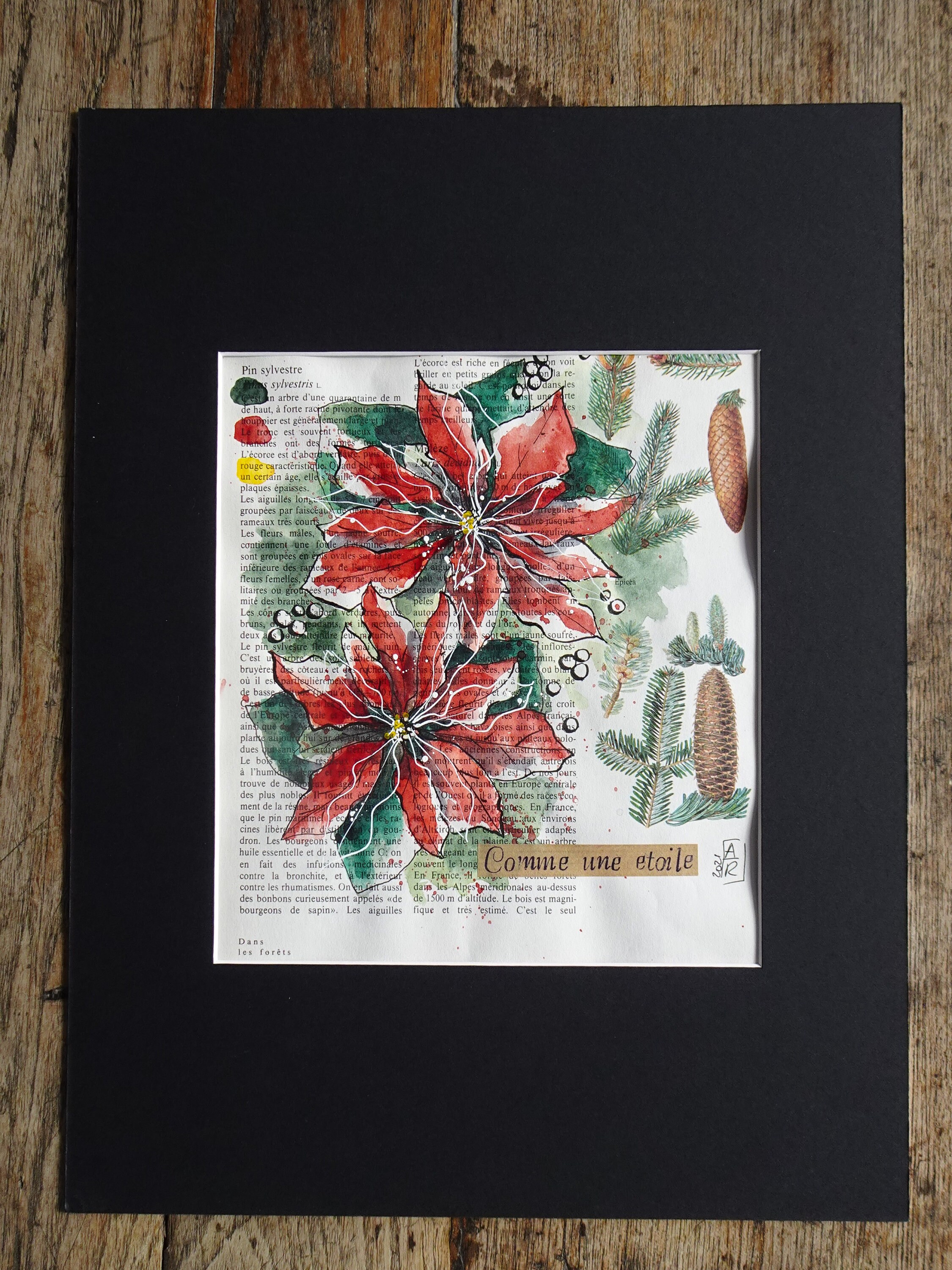 Tableau Original Réalisé à La Main en Technique Mixte, Poinsettia, Pour Décoration Murale