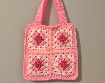 Granny Square Bag Pink Crochet Tote Bag Purse With Lining Shoulder Bag