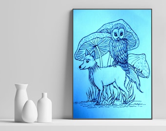 Magical creatures surreal art print. Fox drawing, owl artwork and surreal illustration of magic mushrooms. Animal liberation blue art print.