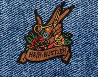 Hair Hustle Embroidered Patch: Tattoo Style Barber Shears