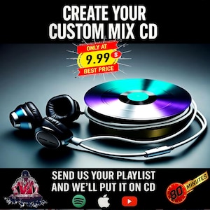 Puede incluir: Anuncio de CD de mezclas personalizados. La imagen presenta una pila de CD con un diseño turquesa y morado, auriculares y el texto "CREA TU CD DE MEZCLAS PERSONALIZADO" y "ENVÍANOS TU LISTA DE REPRODUCCIÓN Y LA PONDREMOS EN CD". El precio es de 9,99 €.