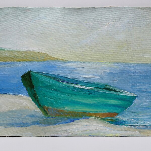 Original Oil painting Vintage, boat, landscape, seascape, ukrainian artist, One of a Kind