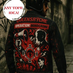 Hand-Painted Denim Jacket – &quot;Operation: Mindcrime&quot; Inspired Wearable Art for Rock Fans Customizable to Your Style Art Made to Order