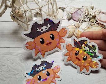 Capt Crabs sticker, Holographic or Glossy Vinyl, 4" 3" sizes,  cute anime chibi crab, beach pirate stickers