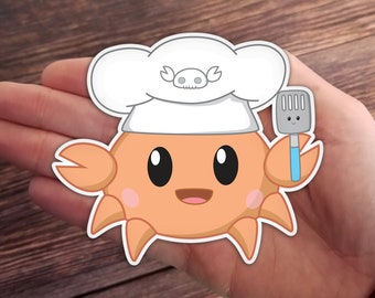 Capt Crabs Chef Sticker, cute anime chibi crab, beach pirate stickers, 4" 3" sizes, twitch vtuber streaming youtube cook