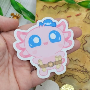 Axy Little, ship navigator, pink axolotl Pirate Sea creature Sticker Matte Vinyl, cute anime chibi stickers - 3"
