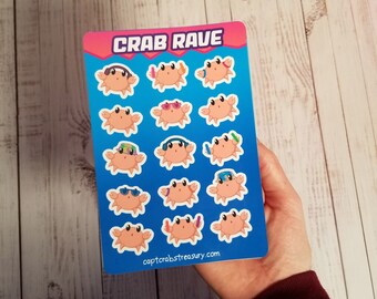 Crab Rave Sticker Sheet, daily planner waterbottle water resistant, crabs beach summer anime chibi