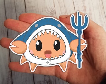 Capt Crabs SHARK Sticker, cute anime chibi crab, beach pirate stickers, 4" 3" sizes, gawr gura hololive costume sea shark