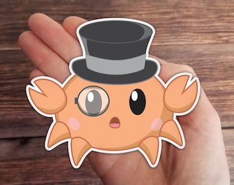 Gentleman Crab Sticker Matte Vinyl,  3", cute anime chibi crab, crab with a proper top hat monocle