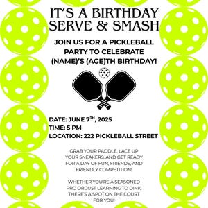 Editable Pickleball Birthday Invitation Template - Canva Party Invite - Pickleball Themed Birthday - Instant Download