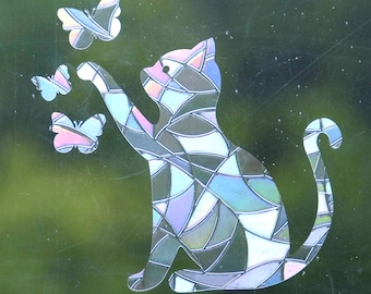 Sonnenfänger Fensterfolie "Katze mit Schmetterlingen" | Fenstersticker | Fensterdeko | Suncatcher | Regenbogenmacher | kleines Geschenk