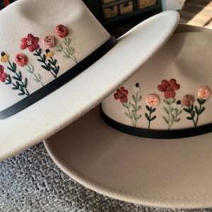 Hand embroidered, tan felt, wide brimmed floral hats | fashion hat | everyday hat