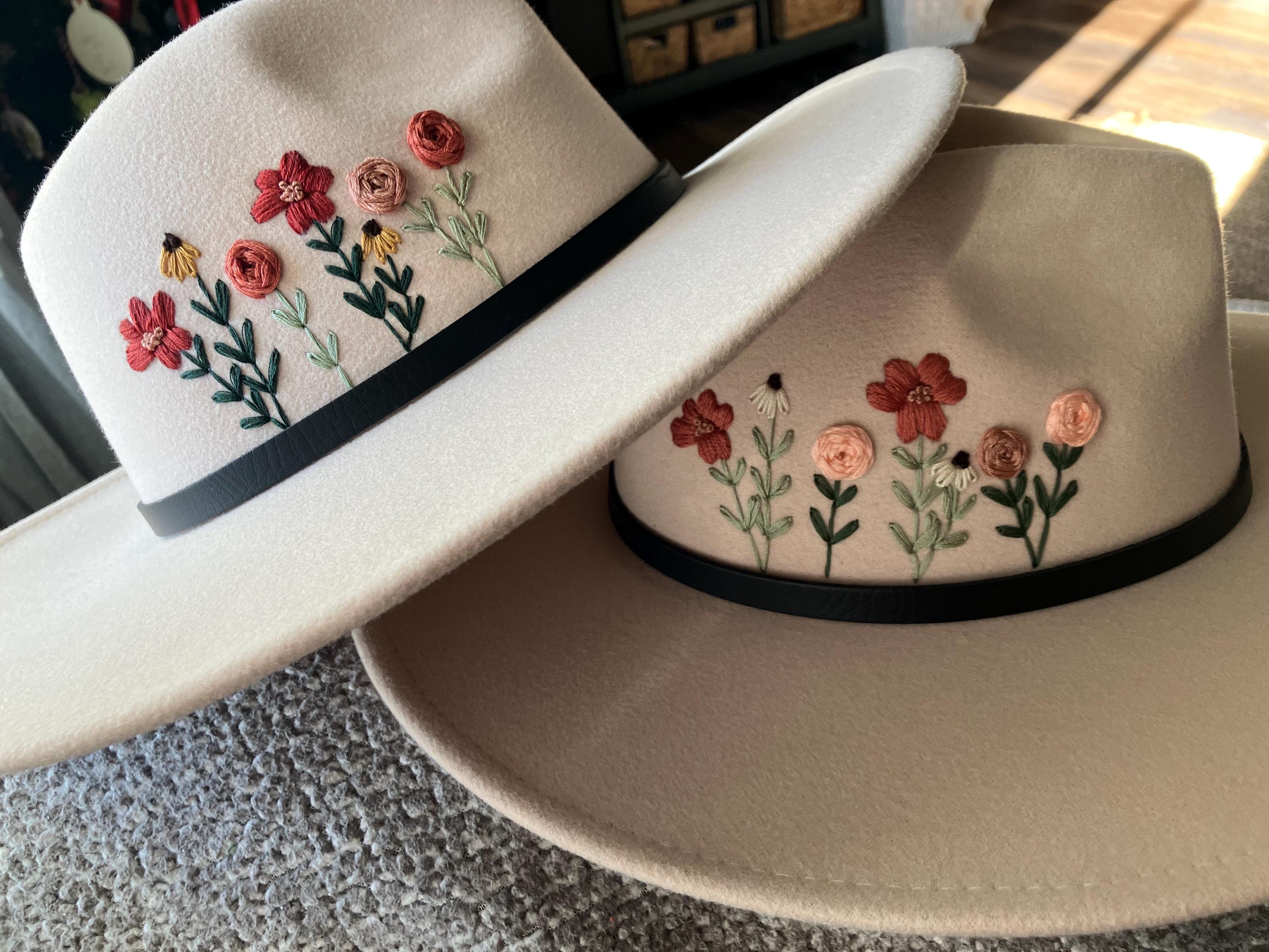 Hand Embroidered, Tan Felt, Wide Brimmed Floral Hats 