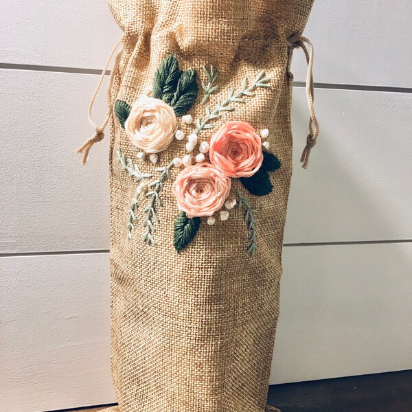 Hand embroidered burlap wine/alcohol bags | bridal shower/bachelorette party gift | housewarming gift | hostess gift | wine bottle holder