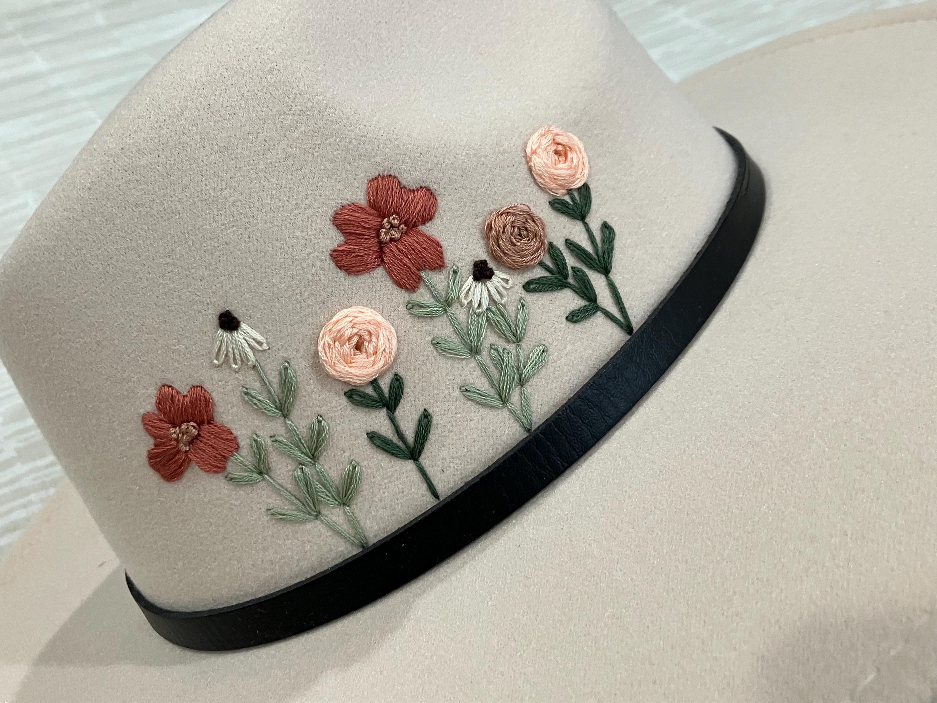 Hand Embroidered, Tan Felt, Wide Brimmed Floral Hats  display picture 2