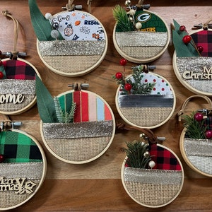 3in or 4in burlap embroidery hoop Christmas ornaments | wall decor | holiday table decor