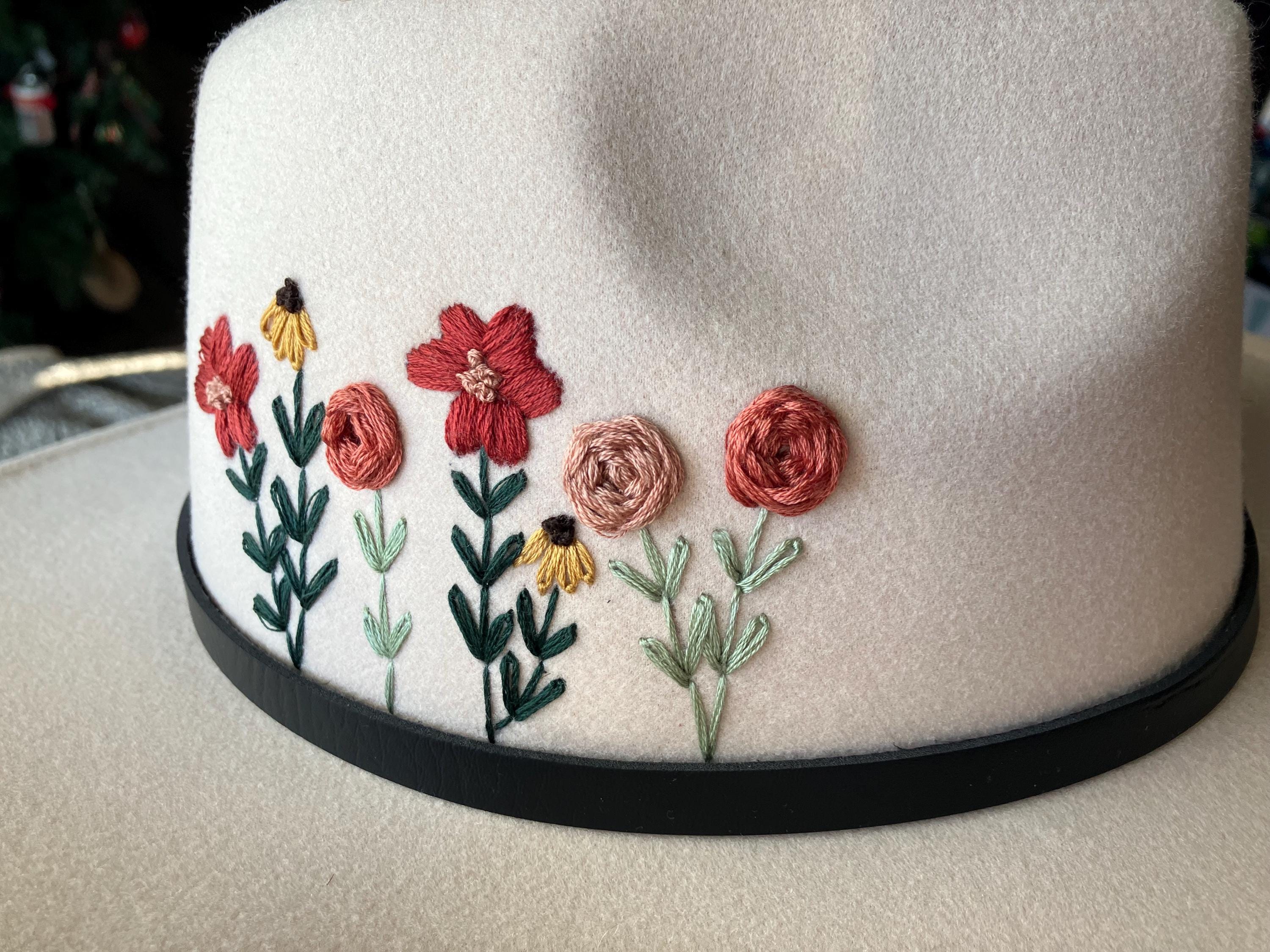 Hand Embroidered, Tan Felt, Wide Brimmed Floral Hats 