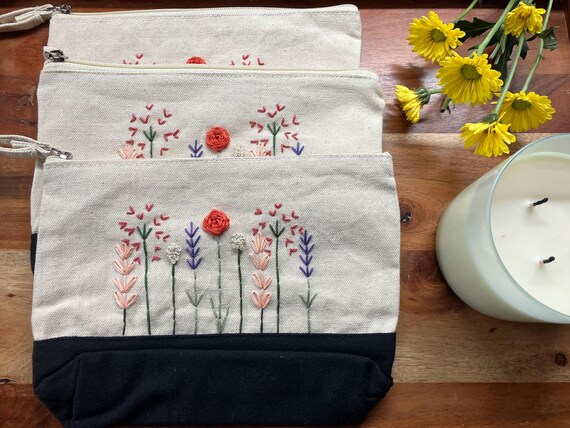 Medium, hand embroidered two-toned floral cosmetic bags | travel bag | everyday bag