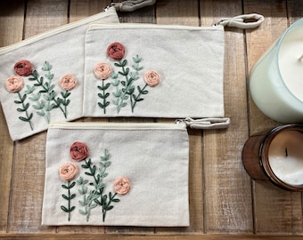 Hand Embroidered Floral Cotton Canvas Bag | Cosmetic Clutch