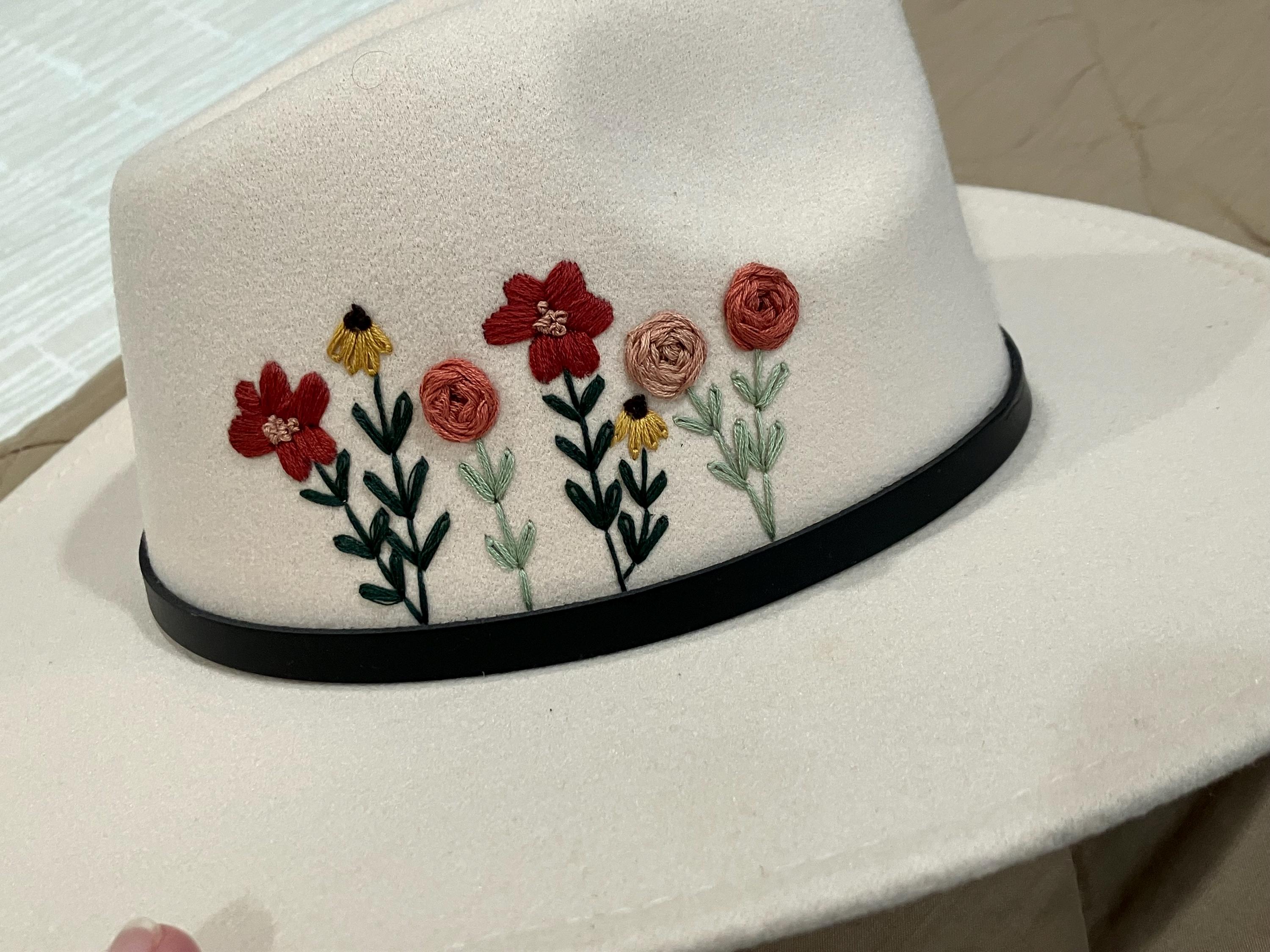 Hand Embroidered, Tan Felt, Wide Brimmed Floral Hats  display picture 1
