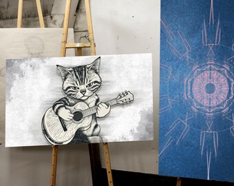 Cat Canvas Wall Decor Art - Cat Playing Guitar  - Wrapped Canvas -  Living Room Bedroom Home Decor
