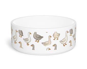 Hand-Drawn Geese Pattern Pet Bowl | Ceramic Duck Water Food Dish