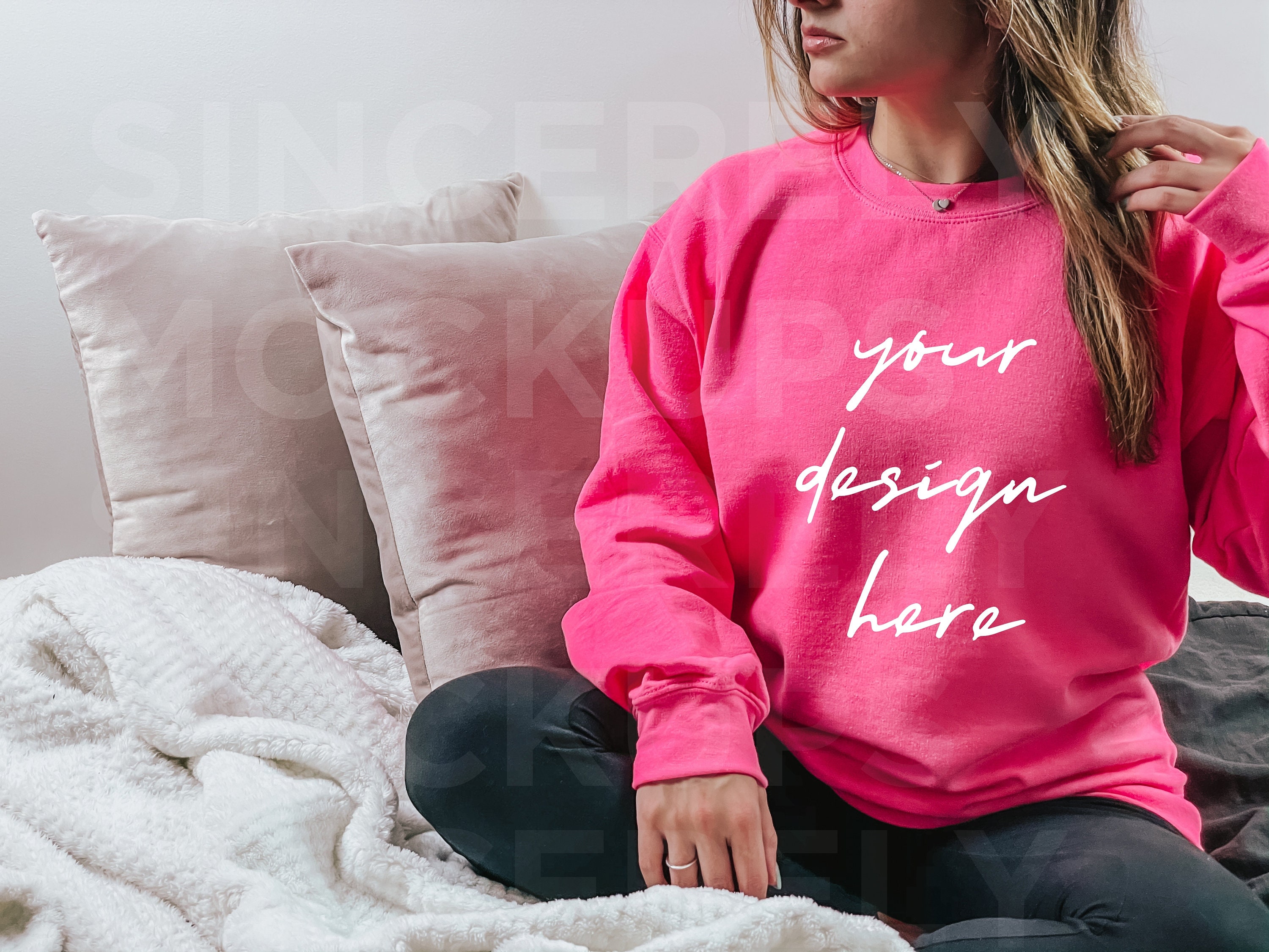 Download Gildan 18000 Mockup Safety Pink Sweatshirt Model Mockup | Etsy