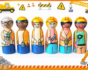 Wooden Construction Figures – Small World Role Play Toy - People Who Help Us Role Play Figures - Construction Theme Wooden Peg People