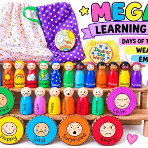 May include: A wooden learning set featuring peg dolls and circular discs with painted weather, days of the week, and emotion themes. The set includes fabric drawstring bags, a tiered wooden display stand, and colourful graphic text elements.