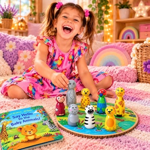 Sagopåse Säg hej till djurungarna Set | Träpinnedockor Liten världslek | EYFS-leksak Montessori-inlärningspresent | Bokväska Bundle