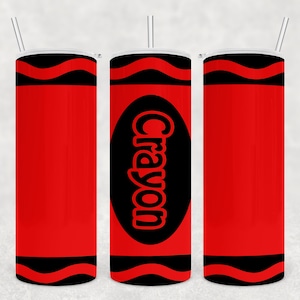 May include: Three red and black stainless steel tumblers with a crayon design. The middle tumbler has the word "Crayon" written in black on the front.