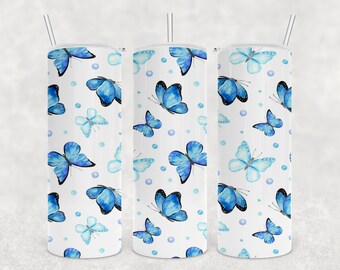 Blue Butterflies Sublimation Design Download - Skinny Tumbler 20oz - PNG