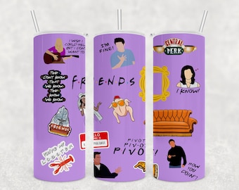 May include: Purple stainless steel tumbler with a Friends theme. It features images and text from the popular TV show, including the iconic Central Perk logo, the phrase "I Know!" and the characters Phoebe, Monica, Chandler, Joey, and Ross.