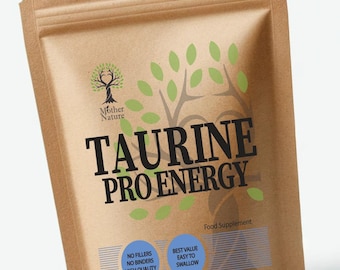 May include: A brown kraft paper pouch containing a food supplement labeled Taurine Pro Energy. The packaging features a tree logo, green leaves, and blue circular icons with text stating no fillers, no binders, high quality, and easy to swallow.