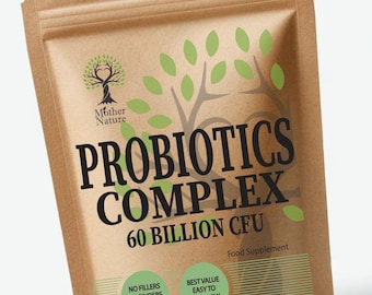 May include: A brown kraft paper pouch containing a food supplement labeled Probiotics Complex 60 Billion CFU. The packaging features a tree graphic, the Mother Nature logo, and text including No Fillers, No Binders, High Quality, and Made in UK.