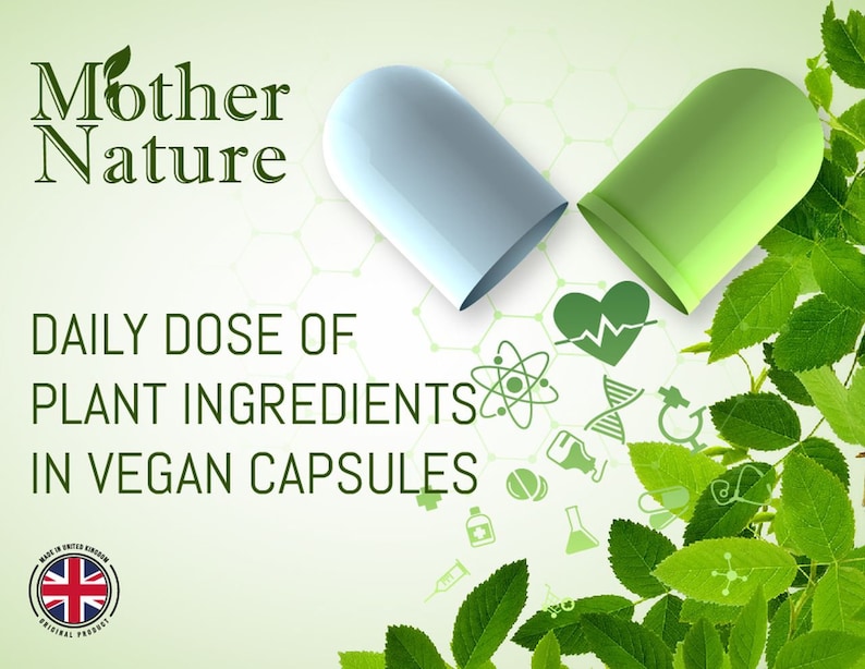 May include: A green and blue capsule with a green leaf design is split open, revealing a heart with a heartbeat line, an atom, and a DNA strand. The text "Mother Nature" is at the top of the image, and the text "Daily Dose of Plant Ingredients in Vegan Capsules" is below the capsule. The image also includes a green leaf design and a small British flag.