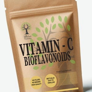 May include: A brown paper bag with a white label that says "Vitamin - C Bioflavonoids Food Supplement". The label also has a green tree logo and the text "Mother Nature".